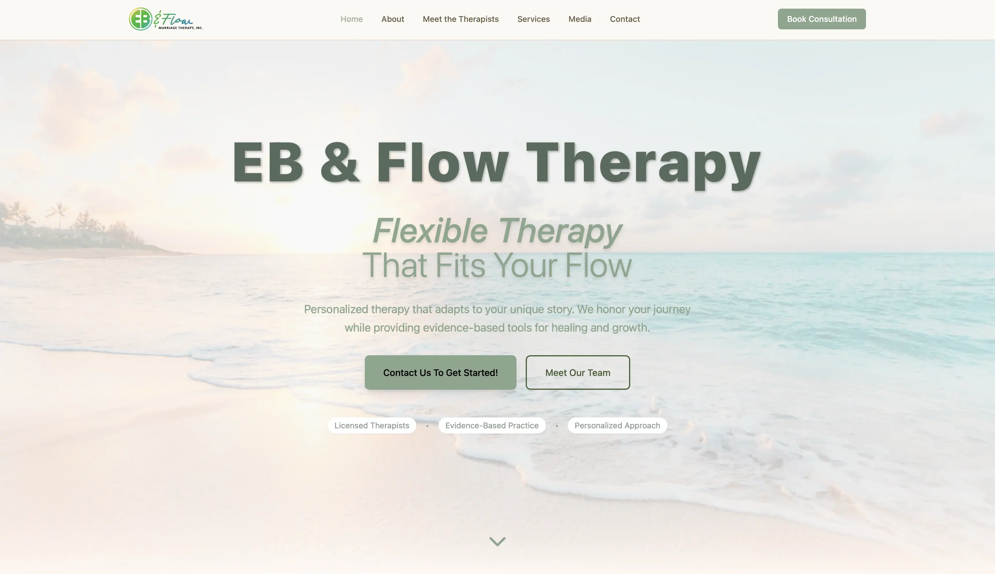 EB & Flow therapy website with navigation, service introduction, and contact actions